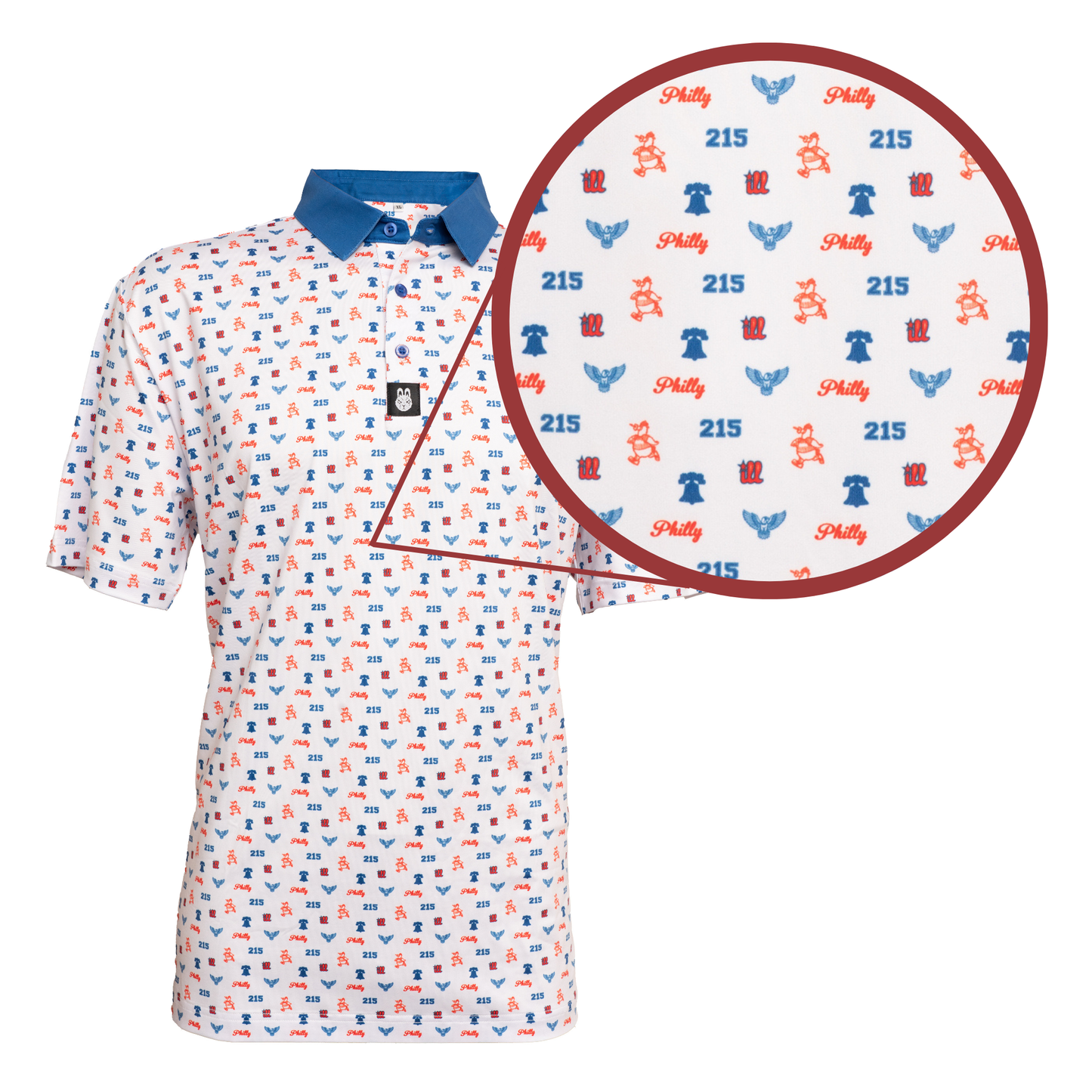 Close-up of The Philly Phrenetic Philadelphia golf polo by City Golf Collective showing texture and stitching detail.