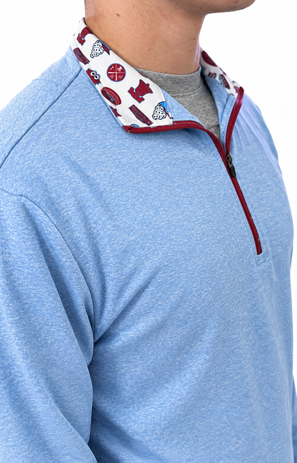 Quarter-zip pullover, The Pattison Zip Up, light blue textured fabric with red trim and a patterned collar.