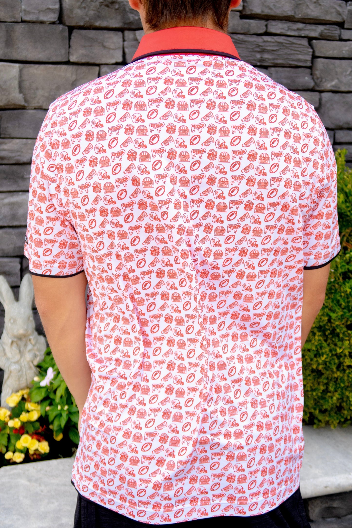 Back view of the Saturdays in Athens Georgia inspired men’s golf polo by City Golf Collective showing full design.