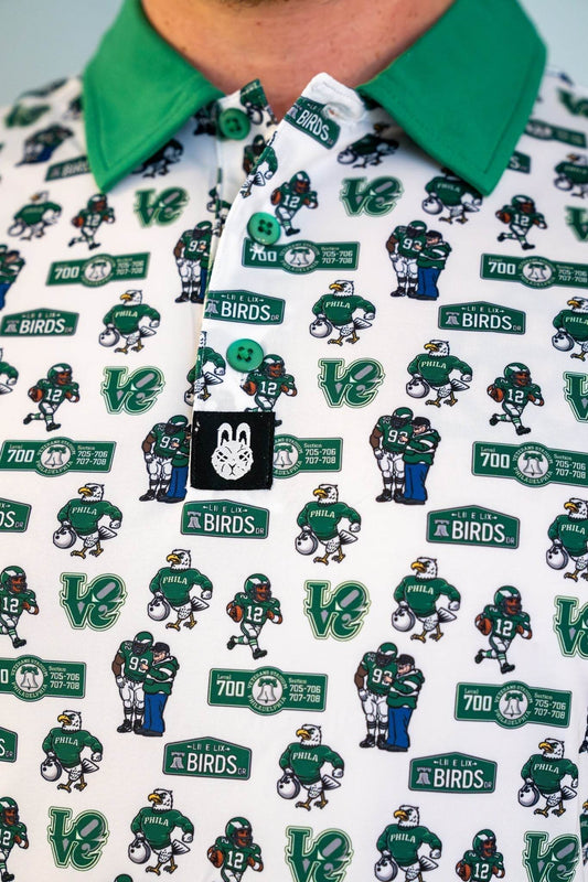 Close-up of The 700 Level Classic Polo front design by City Golf Collective showing detailed Philly-inspired pattern and premium fabric