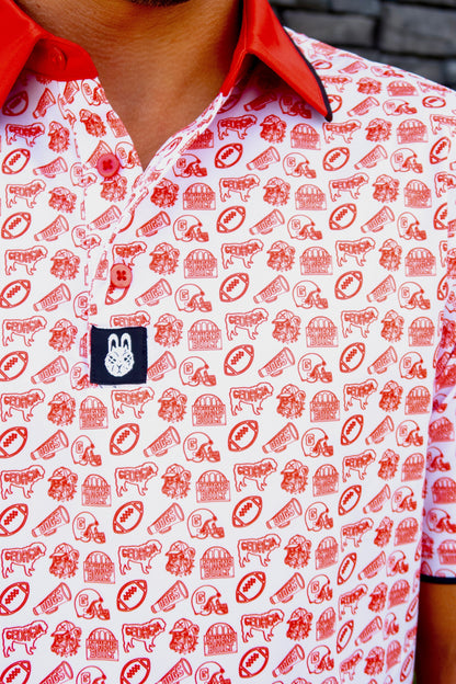 Close-up of the Saturdays in Athens Georgia inspired golf polo by City Golf Collective showing fabric and logo.