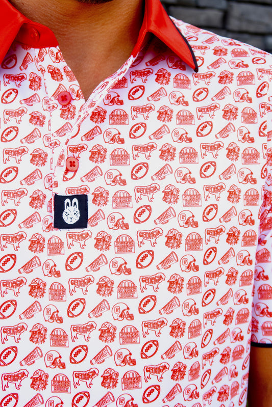 Close-up of the Saturdays in Athens Georgia inspired golf polo by City Golf Collective showing fabric and logo.