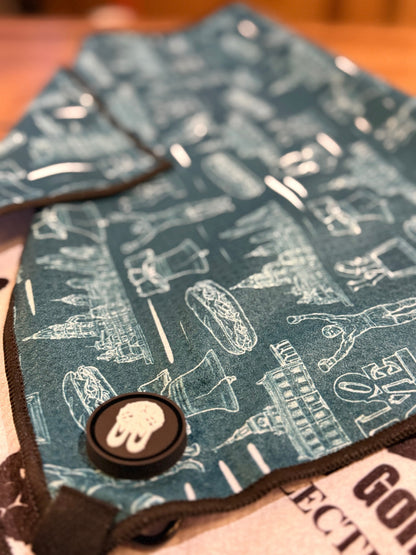 The Philly Heritage Golf Towel with Liberty Bell, LOVE statue, cheesesteaks, and vintage Philadelphia artwork.