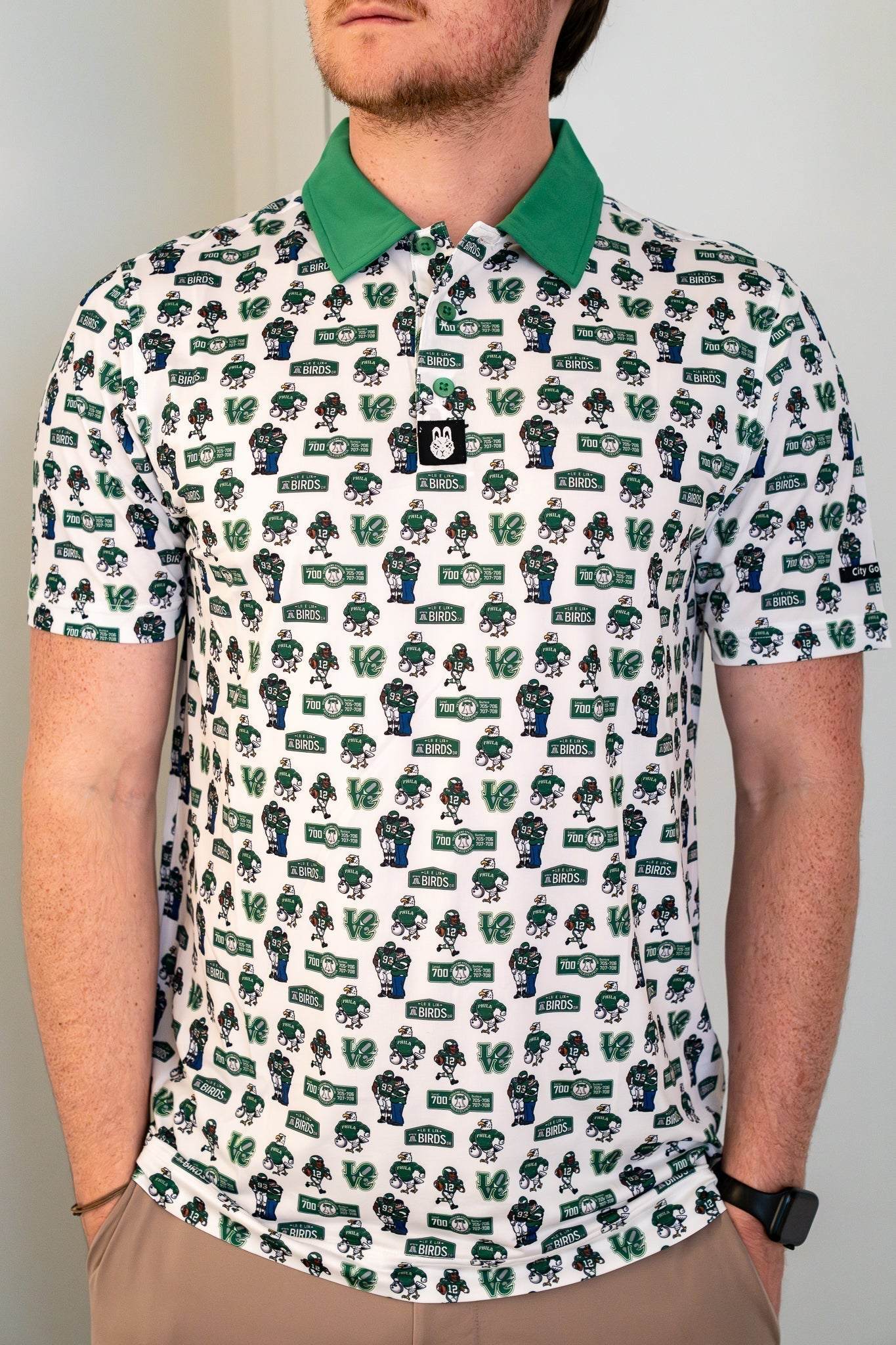 Full front view of The 700 Level Classic Polo by City Golf Collective showing complete design, fit, and Philly-inspired style