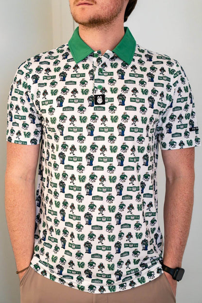 Full front view of The 700 Level Classic Polo by City Golf Collective showing complete design, fit, and Philly-inspired style