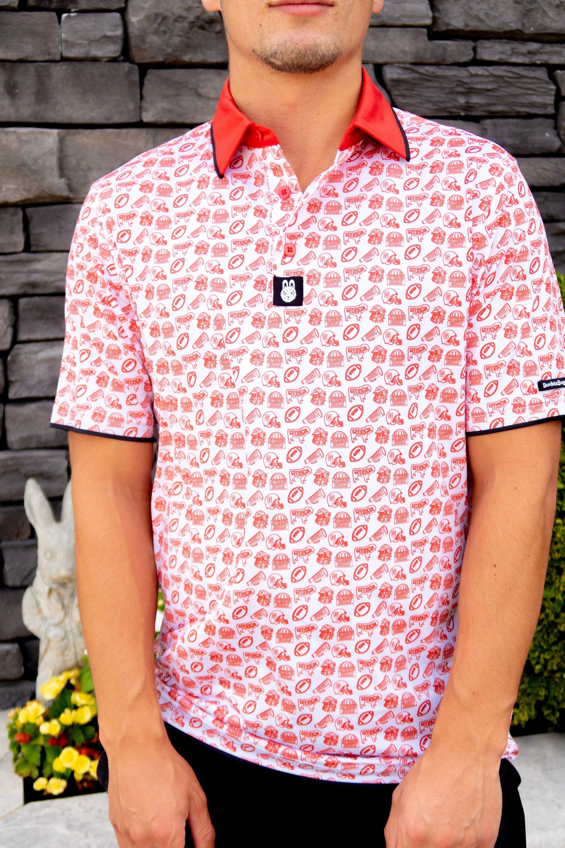 Front view of the Saturdays in Athens Georgia inspired men’s golf polo by City Golf Collective