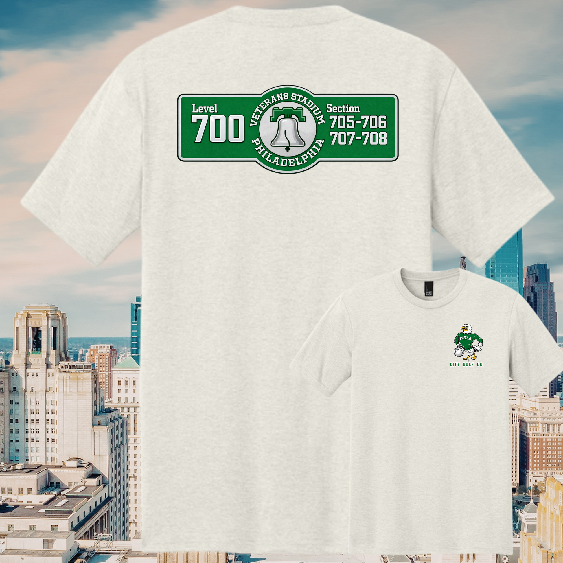 Front and back view of The 700 Club Philly Edition t-shirt by City Golf Collective featuring bold graphic design inspired by the legendary Veterans Stadium upper deck atmosphere