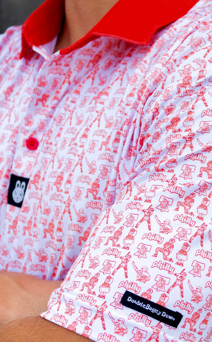 Side view of The South Philly Sandlot Philly baseball golf polo by City Golf Collective showing athletic fit.