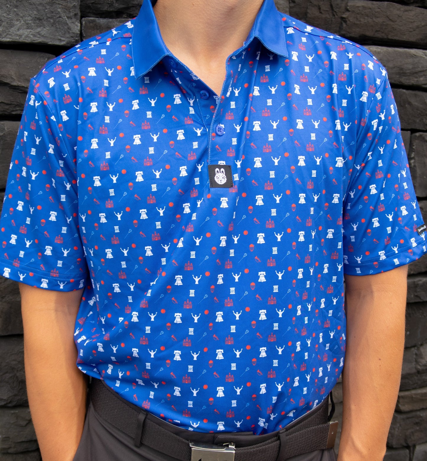 Front view of The Philly Jawn Philly golf polo by City Golf Collective