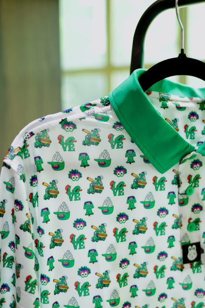 Close-up of The Green Menace Polo featuring custom green buttons, premium woven logo tag, and colorful Philadelphia-inspired mascot pattern on moisture-wicking fabric.