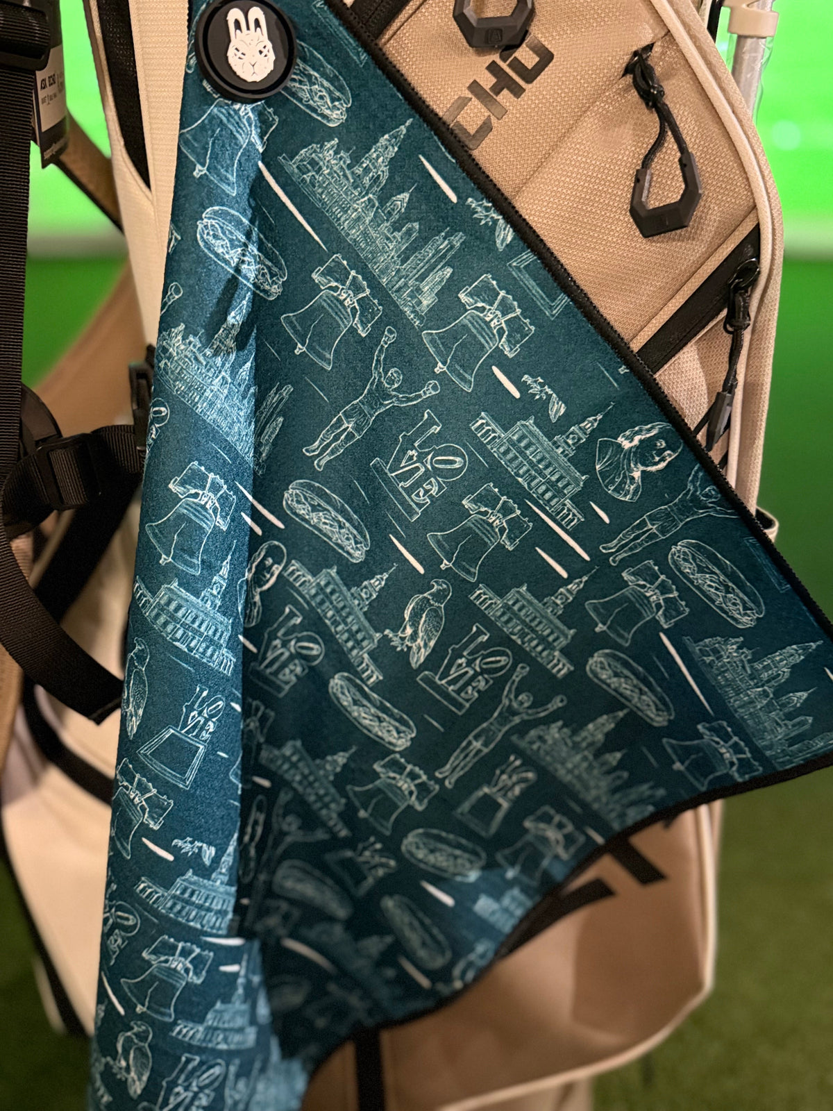 Philadelphia golf towel featuring the Liberty Bell, LOVE statue, Philly landmarks, and vintage-inspired artwork.