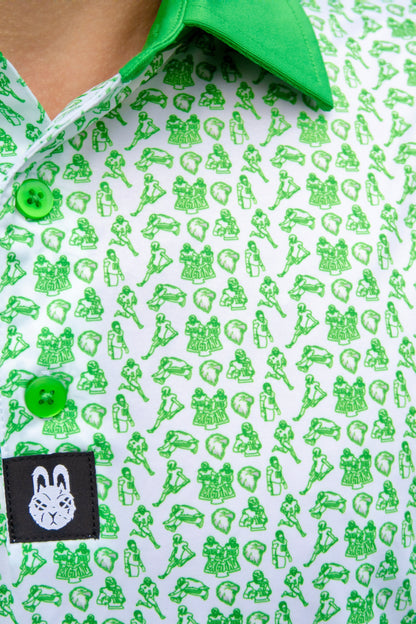 Close-up of the Birds & Bogeys Philadelphia golf polo by City Golf Collective showing fabric texture and logo.
