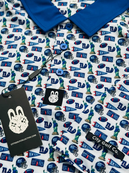 Empire State of Mind New York football golf polo with blue collar and NYC-inspired game day pattern