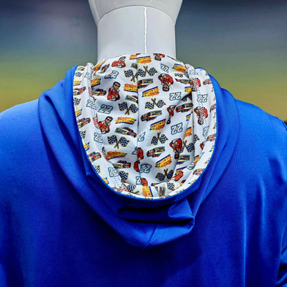 City Golf Collective Mallozzi Motors Polo full back view on mannequin featuring blue performance fabric and racing print inside hood detail
