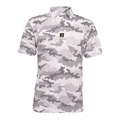 Front view of Operation Birdie men’s camo golf polo – stylish, breathable fabric designed for comfort and performance on the golf course with a fun tactical print.