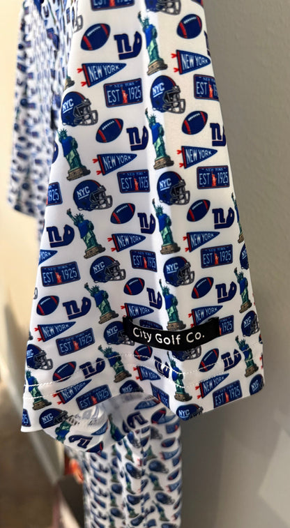 Empire State of Mind New York football polo sleeve with blue, red and NYC-inspired pattern by City Golf Co.