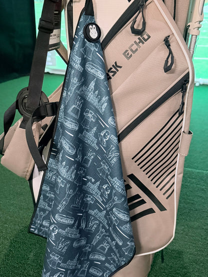City Golf Collective Philly Heritage Golf Towel featuring a dark green design inspired by Philadelphia sports and culture.