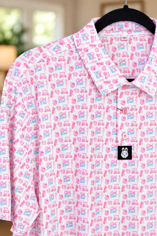 The Girl Dad Polo featuring a fun pink and blue Girl Dad print on a lightweight, moisture-wicking performance golf polo.
