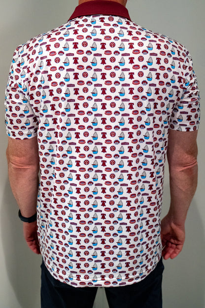 Back view of City Golf Collective Philadelphia-inspired golf polo featuring full all-over retro print design, performance fabric construction, and athletic golf fit.