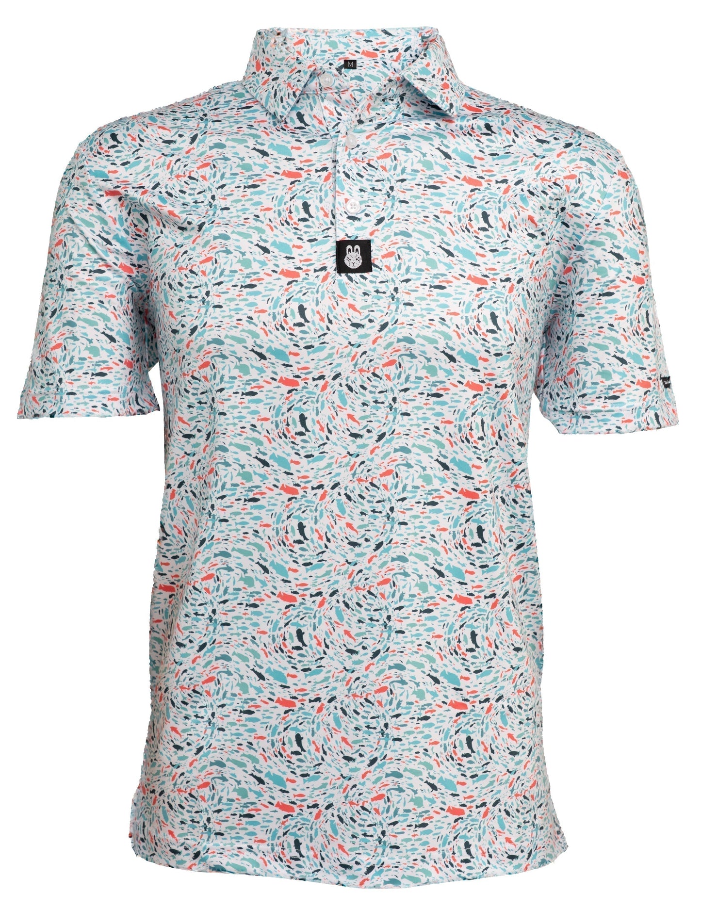 Front view of Fish 'n' Chips themed golf polo for men, featuring playful aquatic print, button-up collar, and athletic fit.