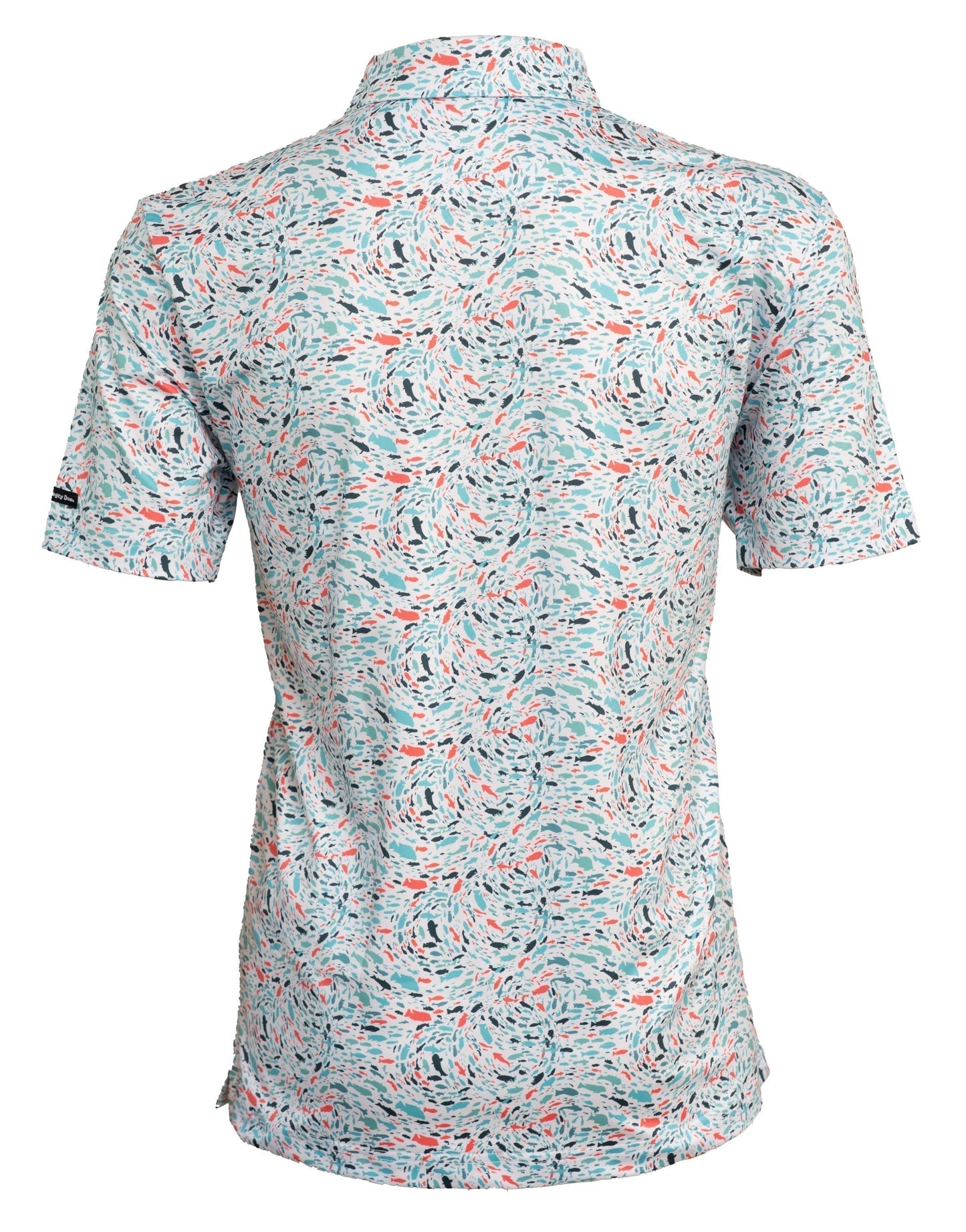 Back of Fish 'n' Chips men’s golf polo showcasing full fish-themed design, breathable fabric, and lightweight performance fit.