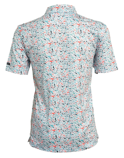 Back of Fish 'n' Chips men’s golf polo showcasing full fish-themed design, breathable fabric, and lightweight performance fit.
