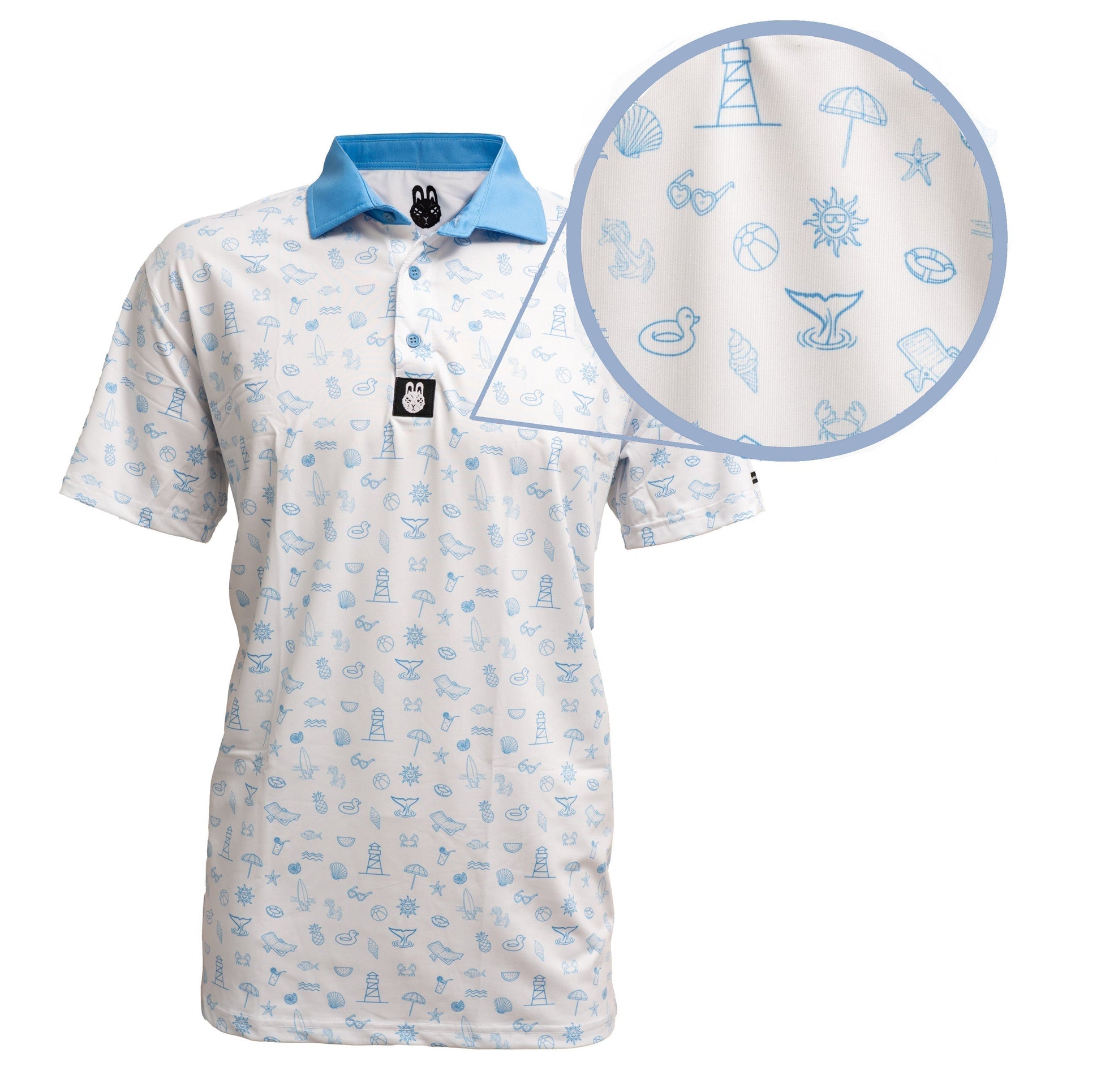 Close-up of Fore-Shore Vibes polo fabric highlighting lightweight, breathable texture and detailed stitching