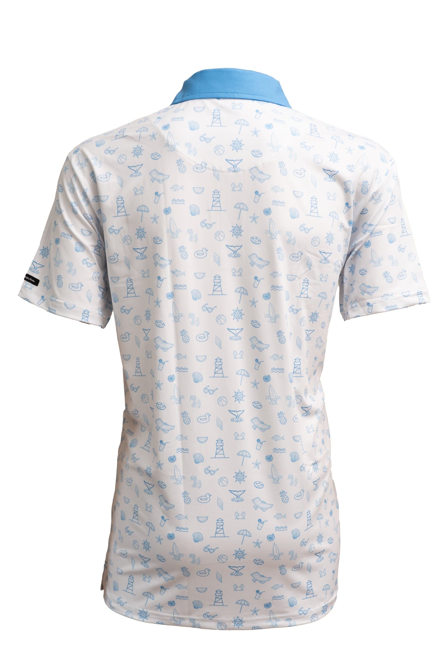 Back view of Fore-Shore Vibes golf polo showcasing full beach-inspired print and athletic cut