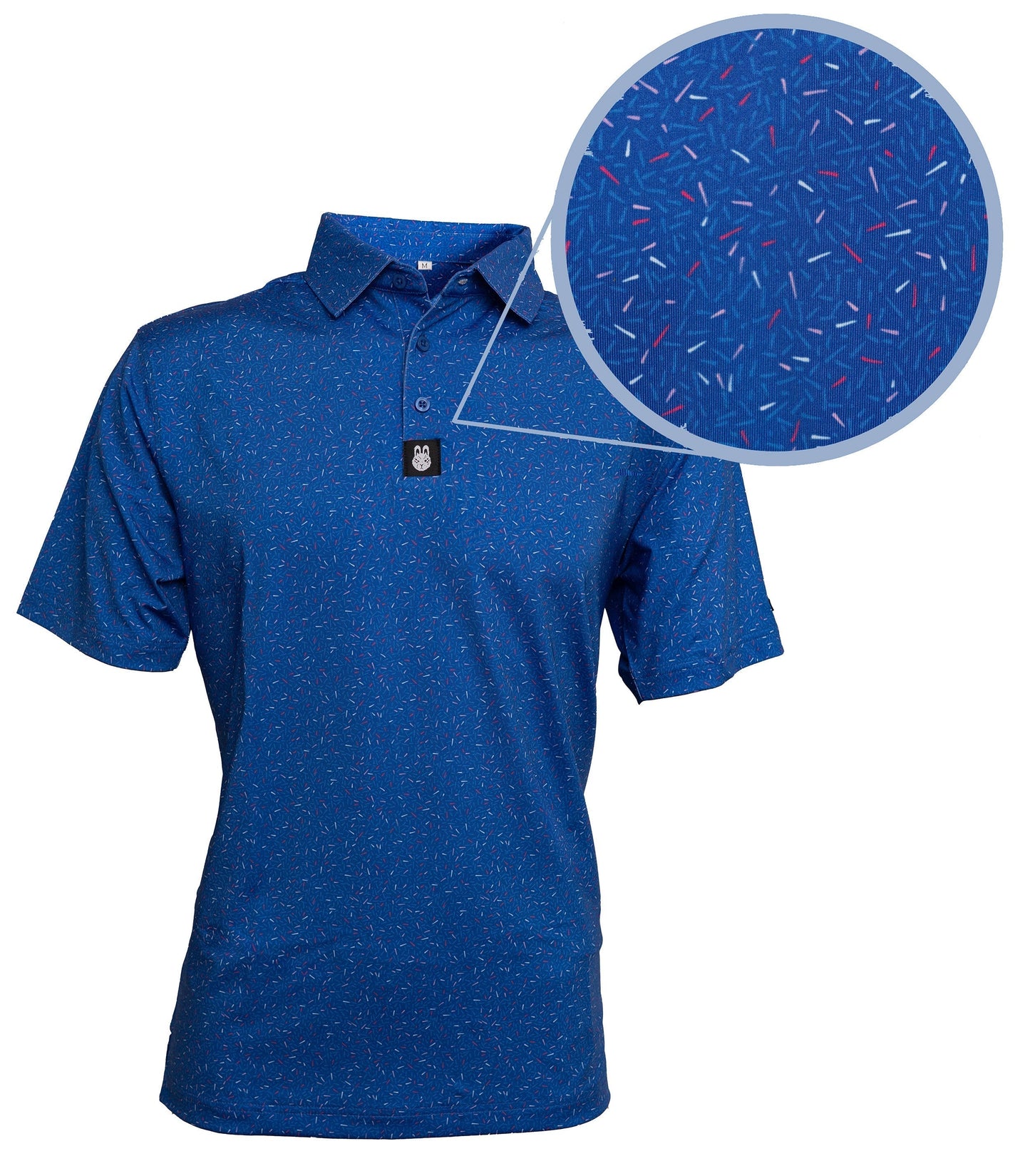 Close-up of the firecracker detailing on The Big Bang Golf Polo, highlighting the vibrant, explosive design and moisture-wicking fabric.