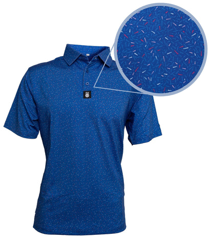 Close-up of the firecracker detailing on The Big Bang Golf Polo, highlighting the vibrant, explosive design and moisture-wicking fabric.