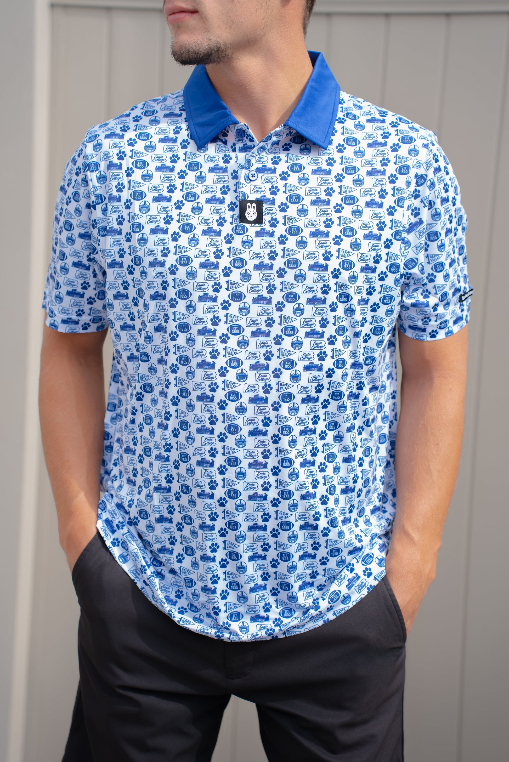 Front view of the Saturdays in Happy Valley Penn State inspired golf polo by City Golf Collective