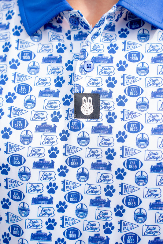 Close-up of the Saturdays in Happy Valley Penn State inspired golf polo by City Golf Collective showing fabric and logo.