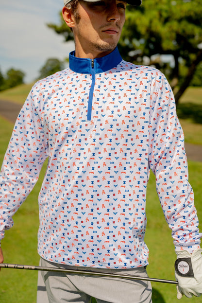 Front view of The Phrenetic Zip Quarter Zip men’s golf pullover by City Golf Collective showing logo and modern fit