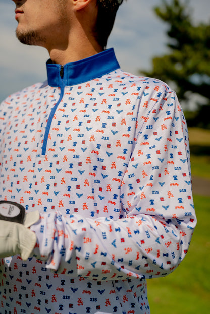 Close-up of The Phrenetic Zip Quarter Zip men’s golf pullover by City Golf Collective highlighting fabric texture and chest logo