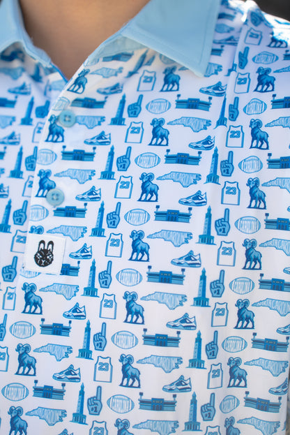 Close-up of the Chapel Hill Hangtime UNC men’s golf polo showing Carolina blue detailing by City Golf Collective