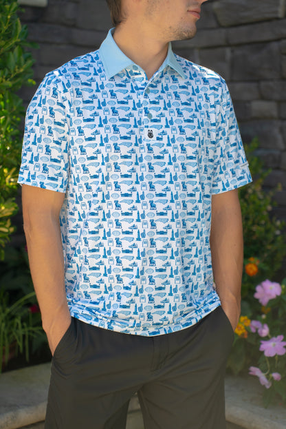 Front view of the Chapel Hill Hangtime UNC-inspired men’s golf polo by City Golf Collective