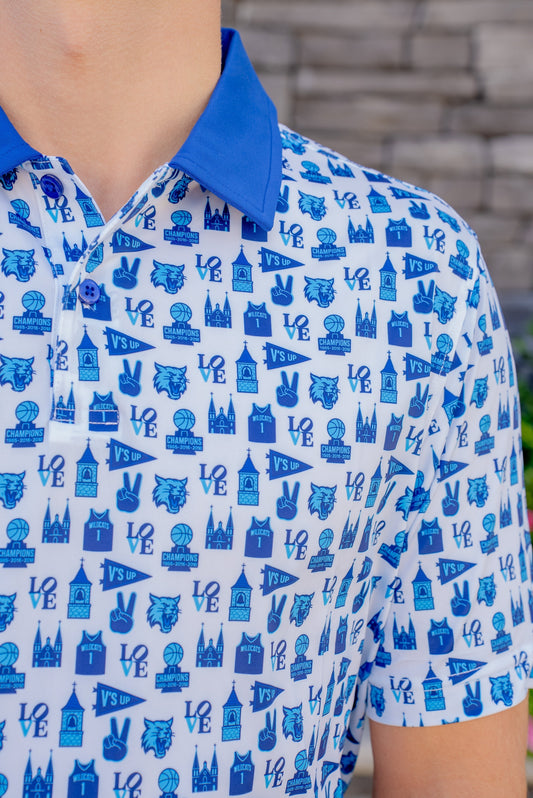 Close-up of the Main Line Madness Villanova basketball golf polo showing fabric detail and logo by City Golf Collective