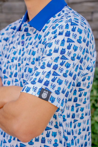 Side angle of the Main Line Madness Villanova basketball golf polo featuring stretch fit design by City Golf Collective