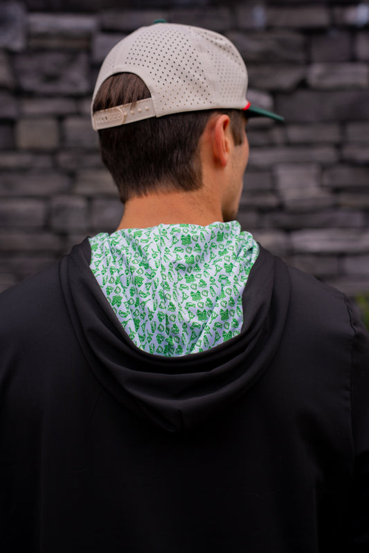 Close-up of the Birds & Hoodies Philly golf hoodie by City Golf Collective, showing the back design and inner hood details.