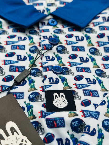 Close-up of Empire State of Mind Polo featuring New York football, NYC and Statue of Liberty inspired designs