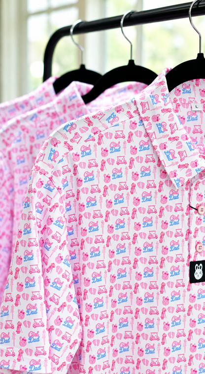 The Girl Dad Polo featuring a fun pink and blue Girl Dad print on a lightweight, moisture-wicking performance golf polo.