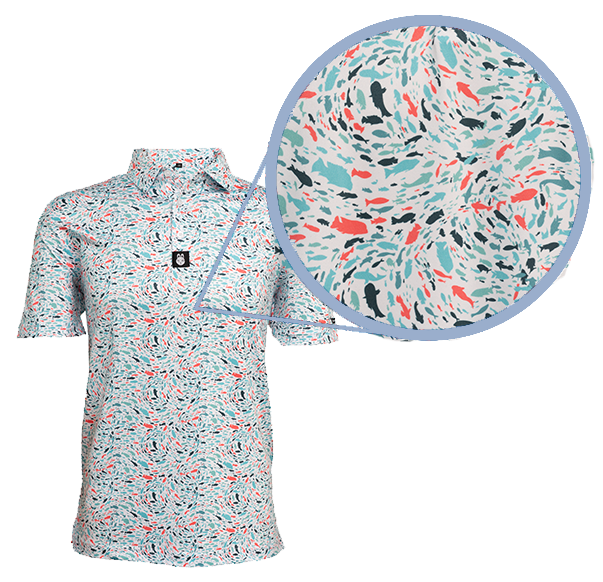 Close-up of Fish 'n' Chips themed print on golf polo, highlighting detailed aquatic design and smooth, moisture-wicking performance fabric.