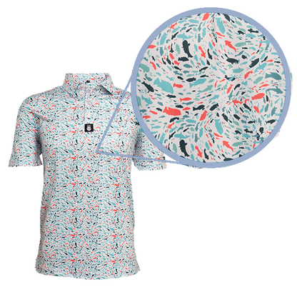 Close-up of Fish 'n' Chips themed print on golf polo, highlighting detailed aquatic design and smooth, moisture-wicking performance fabric.