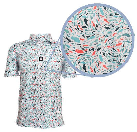 Close-up of Fish 'n' Chips themed print on golf polo, highlighting detailed aquatic design and smooth, moisture-wicking performance fabric.