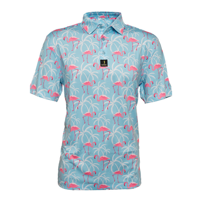 Front view of Florida Man men’s golf polo – bold, eye-catching design with breathable fabric for comfort and performance on the golf course.