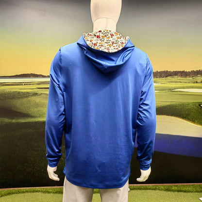 City Golf Collective Mallozzi Motors Polo close up of hood showing detailed racing pattern with cars flags and driver graphics on blue fabric