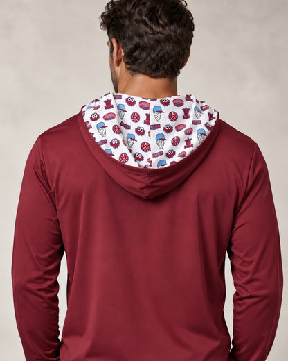 Back view of The Pattison Classic Hoodie in maroon with a custom Fall Classic-themed patterned hood lining.