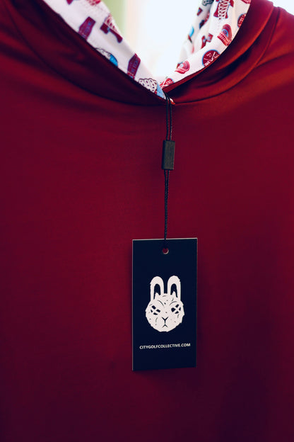 The Pattison Classic Hoodie in maroon by City Golf Collective featuring custom hood lining and branded hang tag.