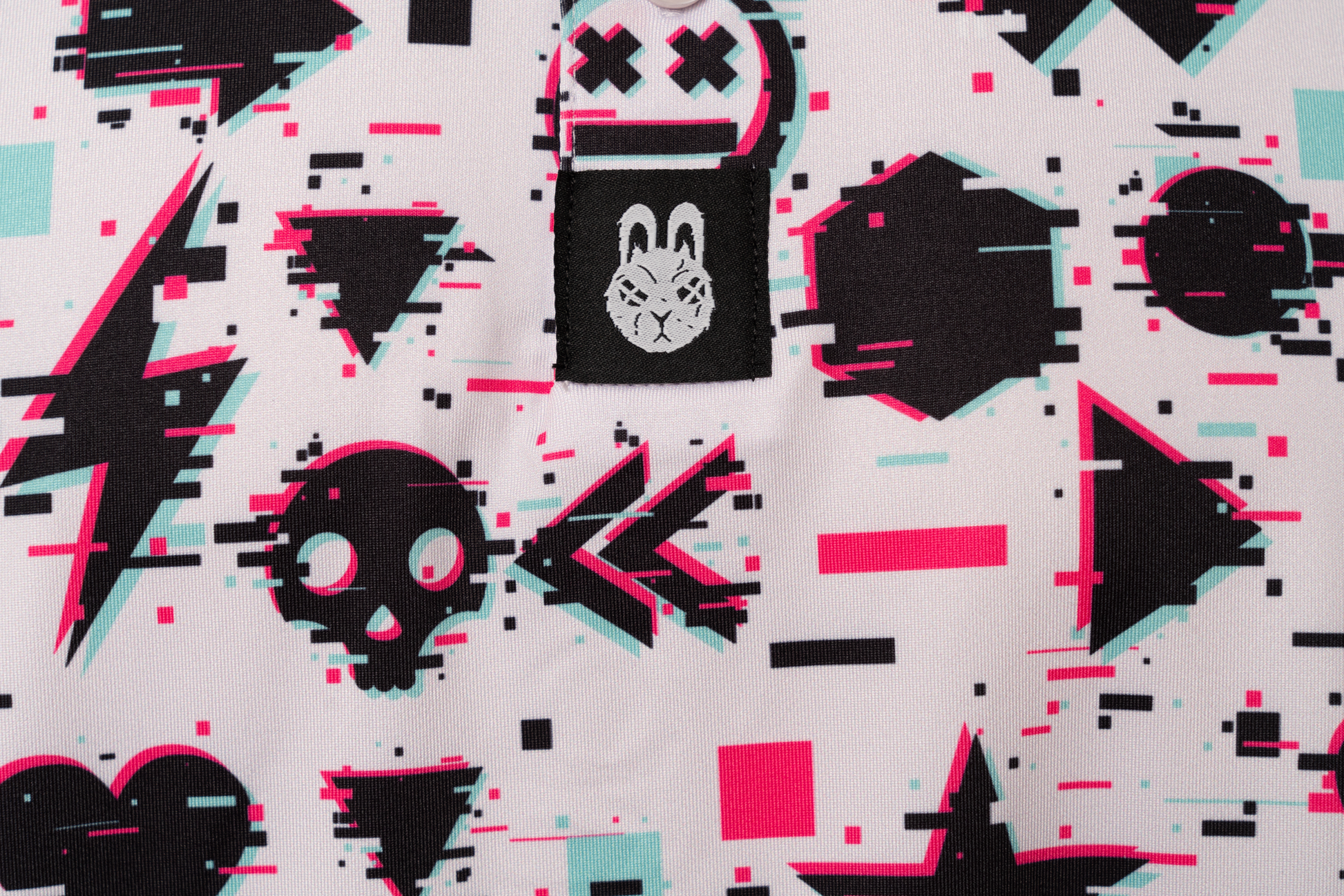 Close-up of Game Over Man men’s golf polo – detailed video game-inspired graphic on the chest with vibrant colors, made with moisture-wicking fabric for comfort.