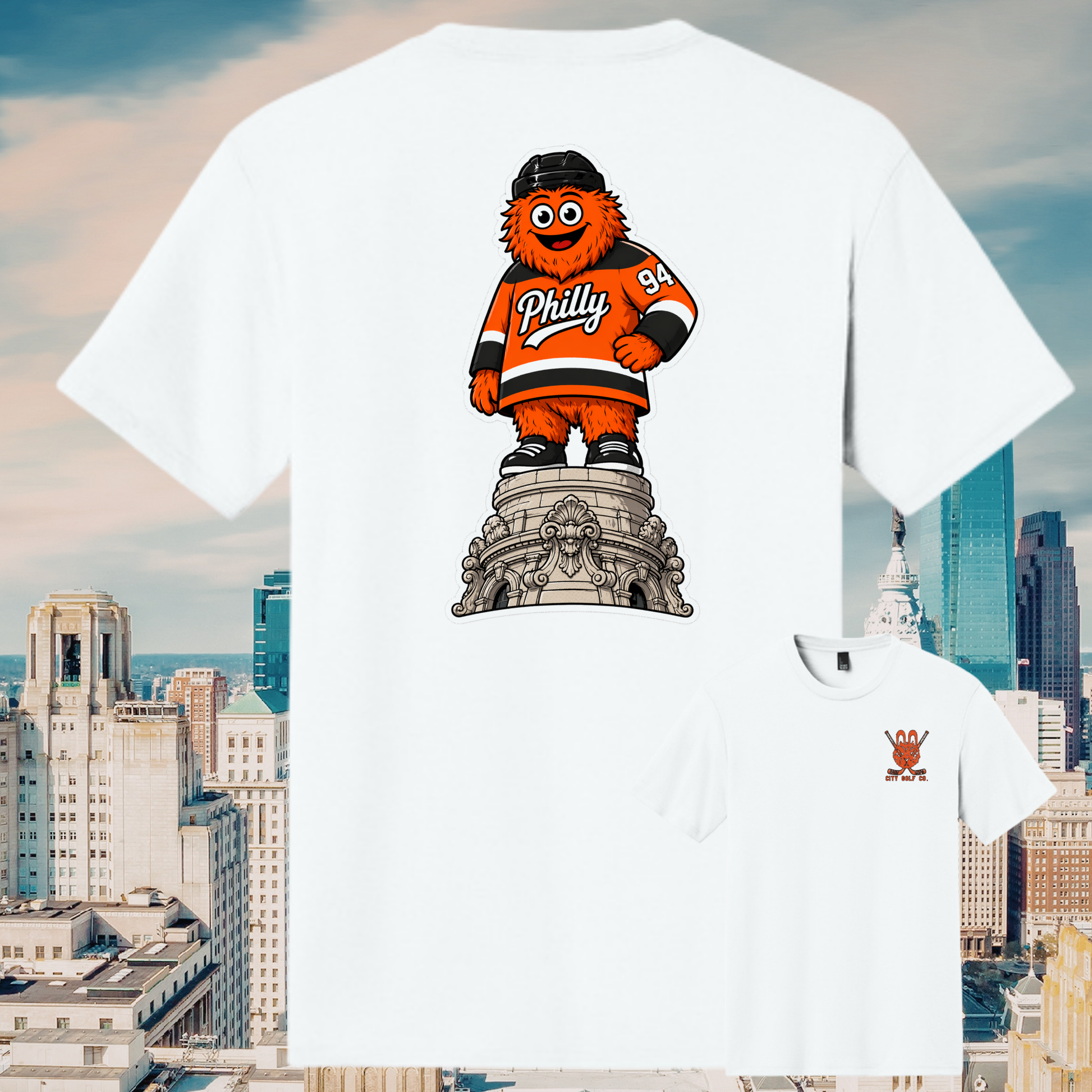 Grittiam Penn graphic t-shirt featuring a chaotic Philly-inspired mascot styled as the William Penn statue atop city hall, printed on a premium tee by City Golf Collective